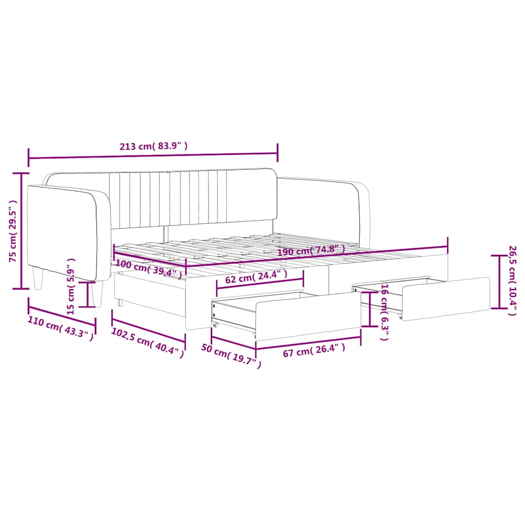 Tagesbett Ausziehbar mit Schubladen Hellgrau 100x190 cm Samt