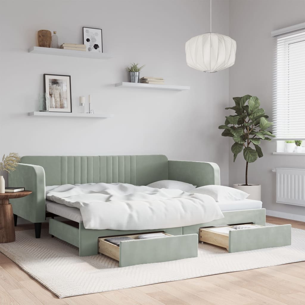 Tagesbett Ausziehbar mit Schubladen Hellgrau 100x190 cm Samt