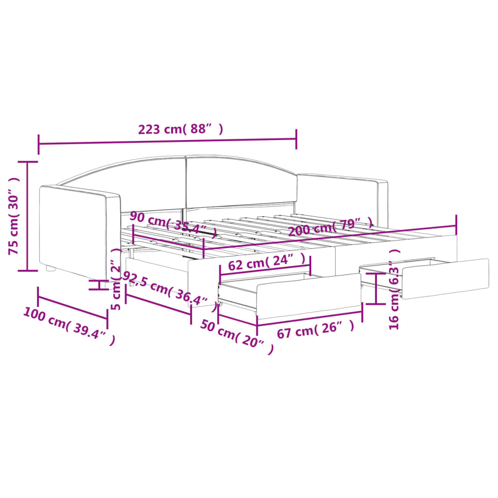 Tagesbett Ausziehbar mit Schubladen Hellgrau 90x200 cm Stoff