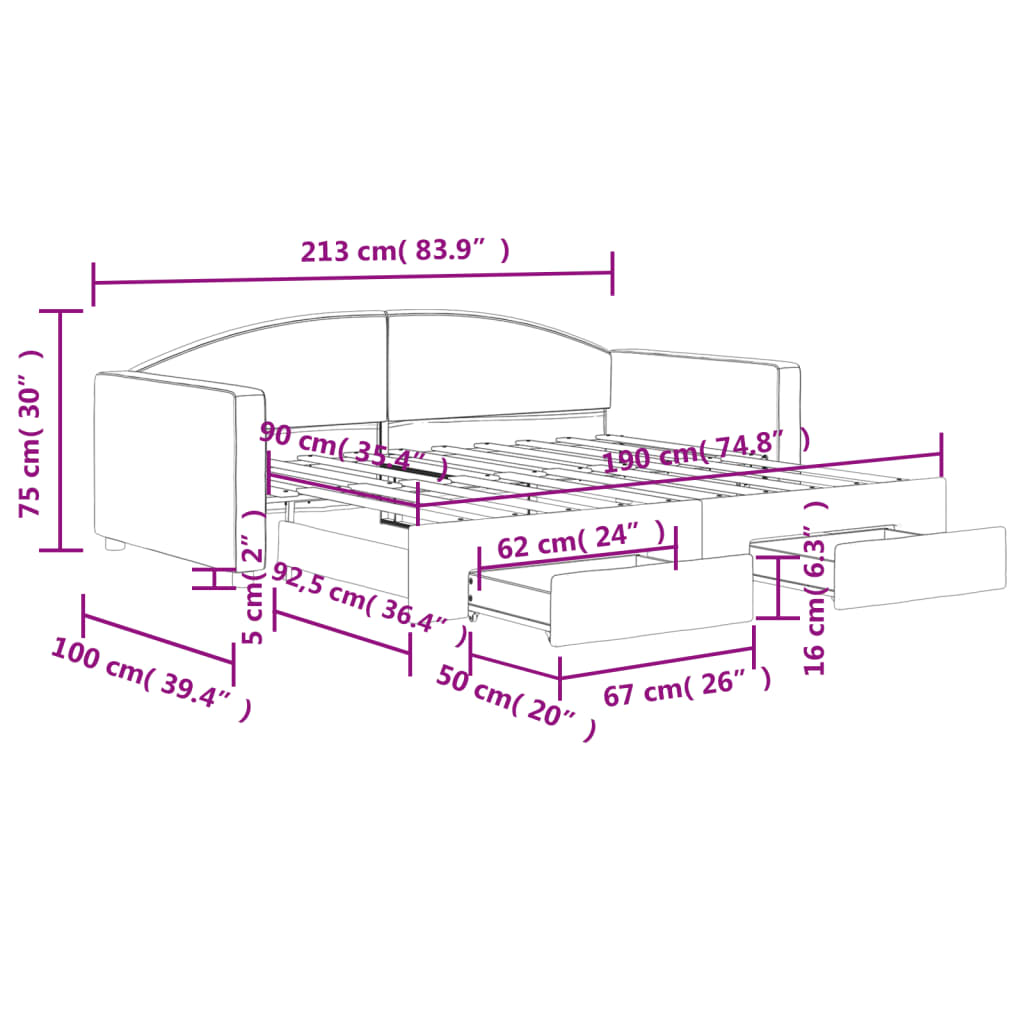 Tagesbett Ausziehbar mit Schubladen Schwarz 90x190 cm Stoff