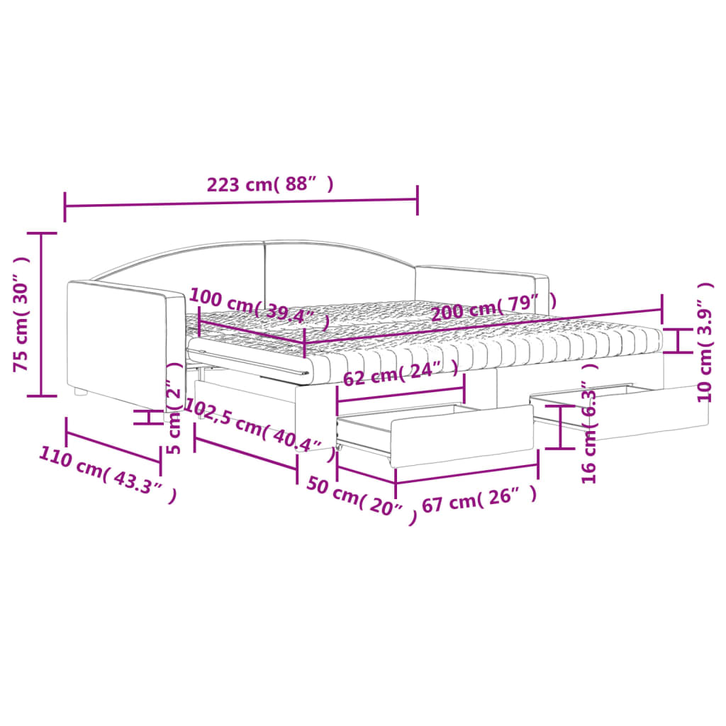 Tagesbett Ausziehbar mit Schubladen Dunkelgrau 100x200 cm Stoff