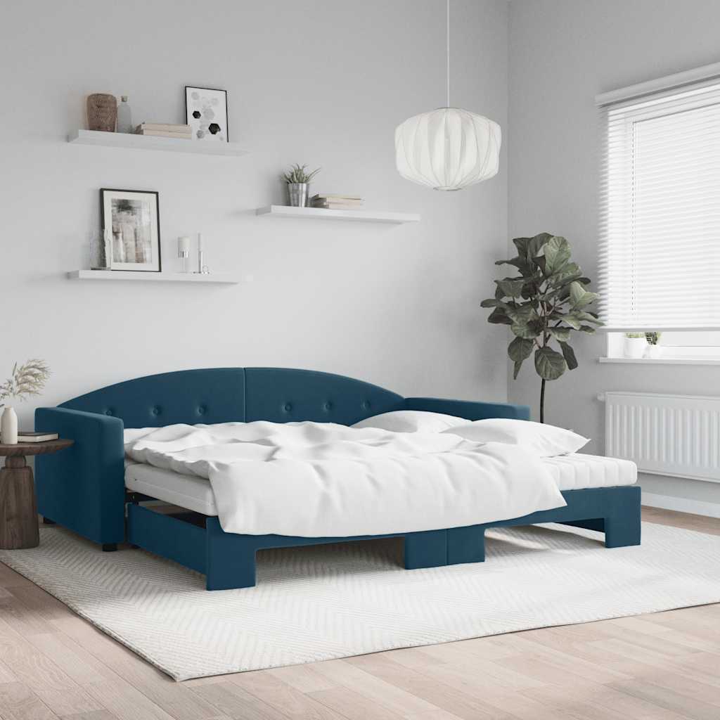 Tagesbett Ausziehbar mit Matratzen Blau 100x200 cm Samt