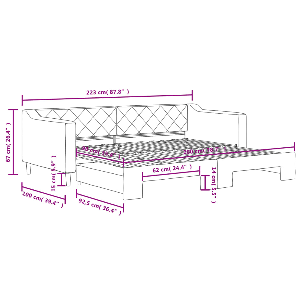 Tagesbett Ausziehbar Schwarz 90x200 cm Stoff