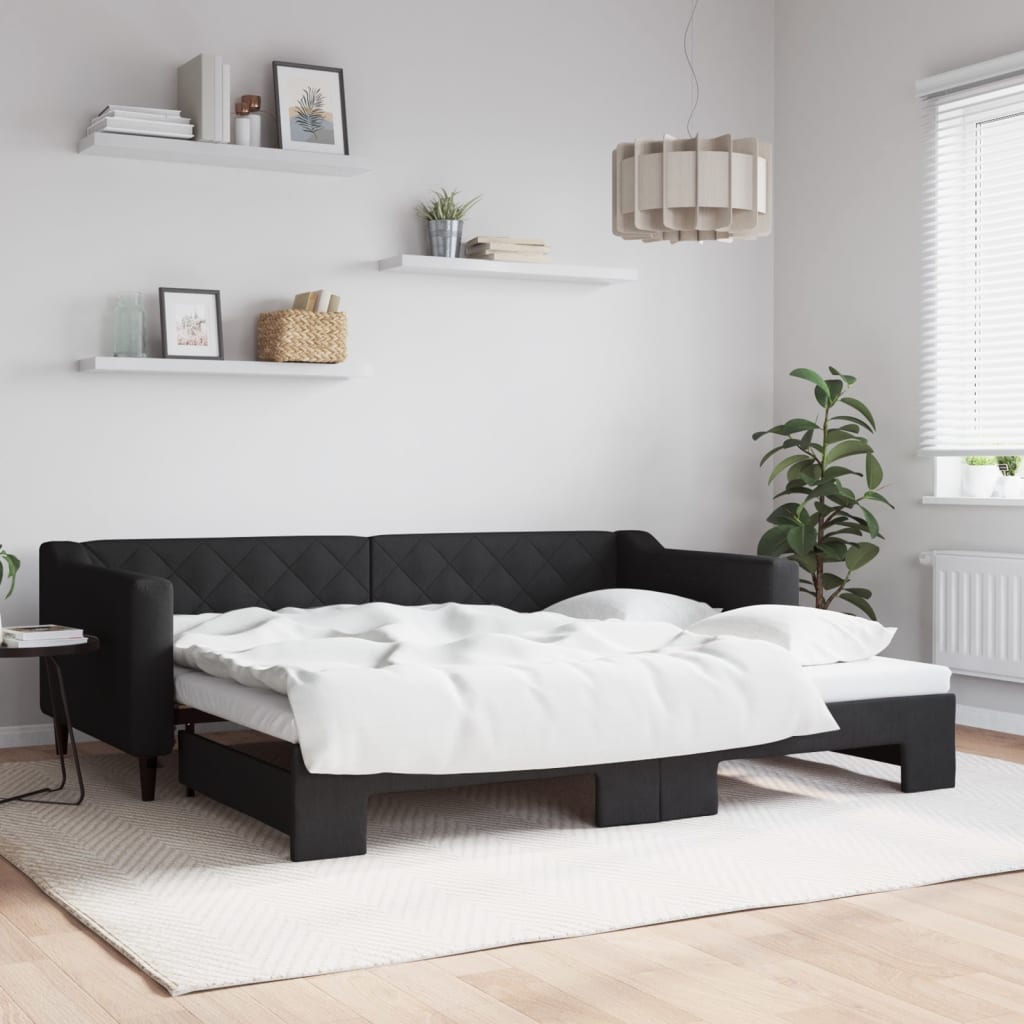 Tagesbett Ausziehbar Schwarz 90x200 cm Stoff