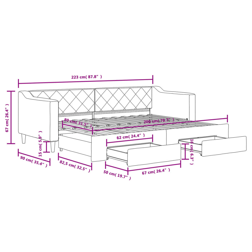 Tagesbett Ausziehbar mit Schubladen Dunkelgrau 80x200 cm Stoff