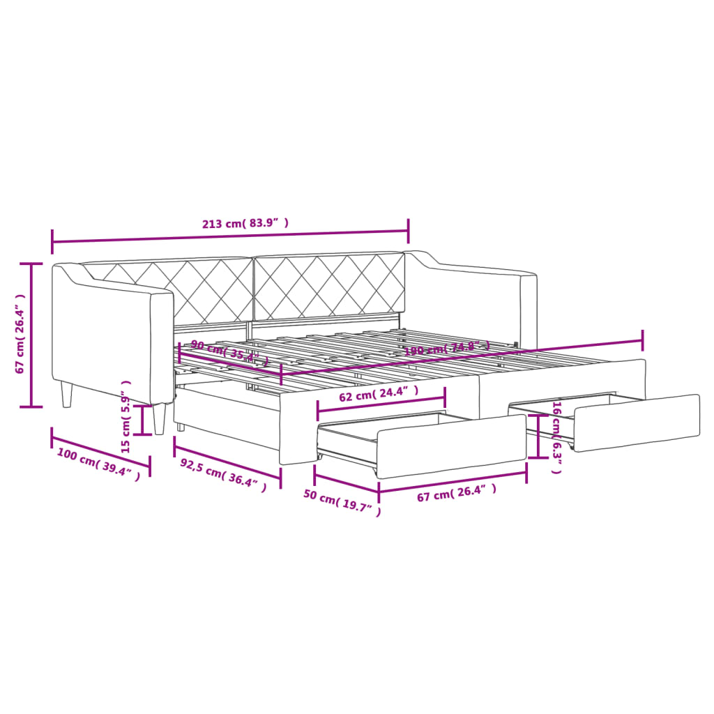 Tagesbett Ausziehbar mit Schubladen Schwarz 90x190 cm Stoff
