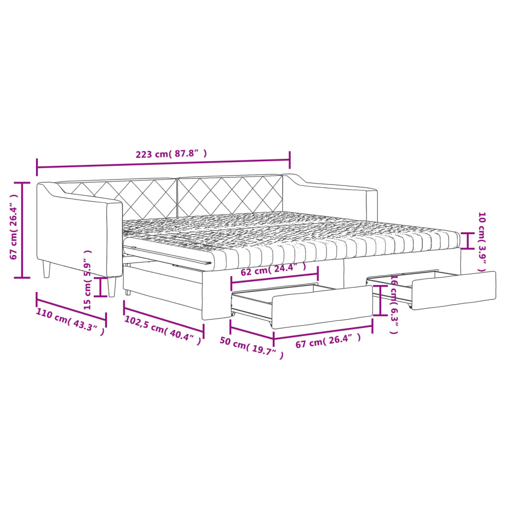 Tagesbett Ausziehbar mit Schubladen Hellgrau 100x200 cm Stoff