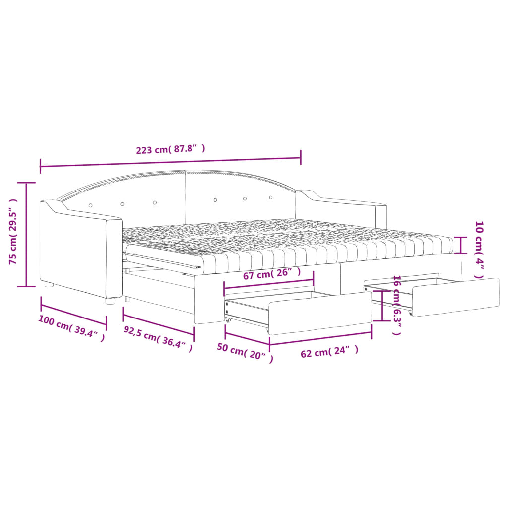 Tagesbett Ausziehbar mit Schubladen Schwarz 90x200 cm Stoff