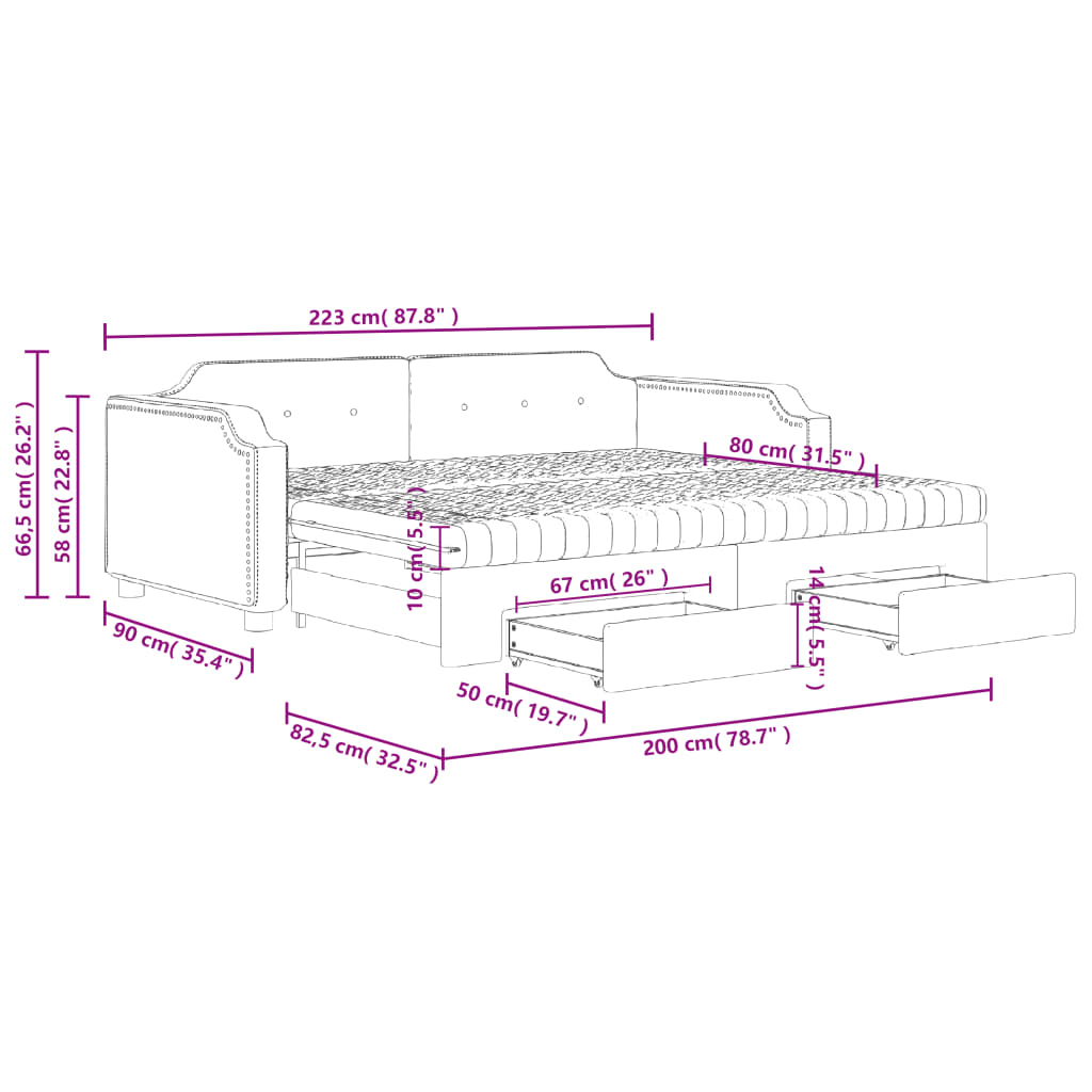 Tagesbett Ausziehbar mit Schubladen Dunkelgrau 80x200 cm Stoff