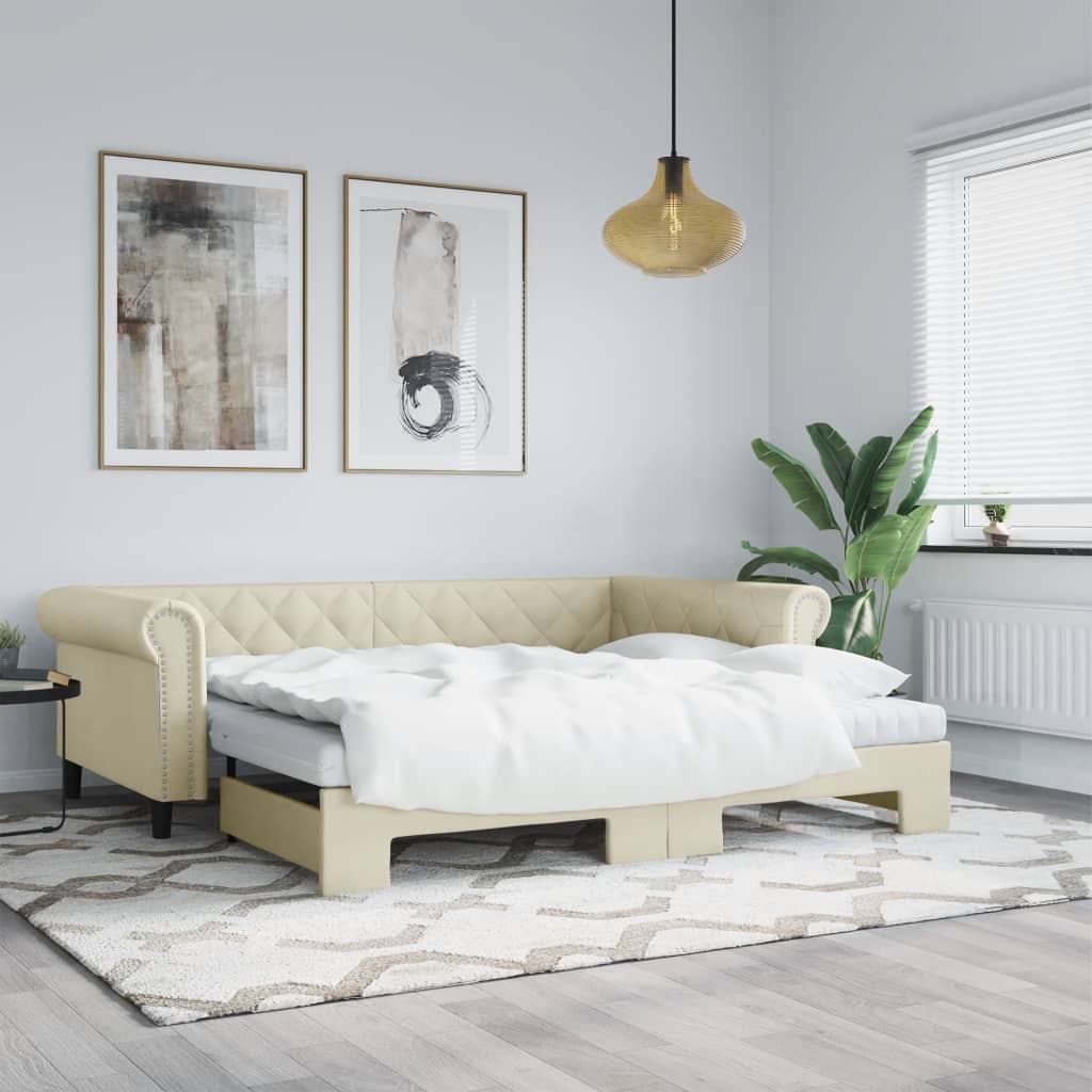 Tagesbett Ausziehbar Creme 90x200 cm Kunstleder