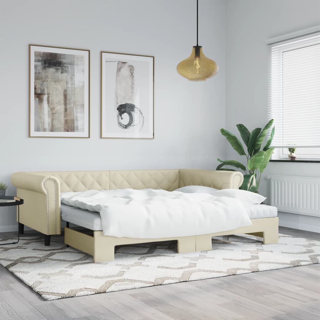 Tagesbett Ausziehbar mit Matratzen Creme 90x200 cm Kunstleder