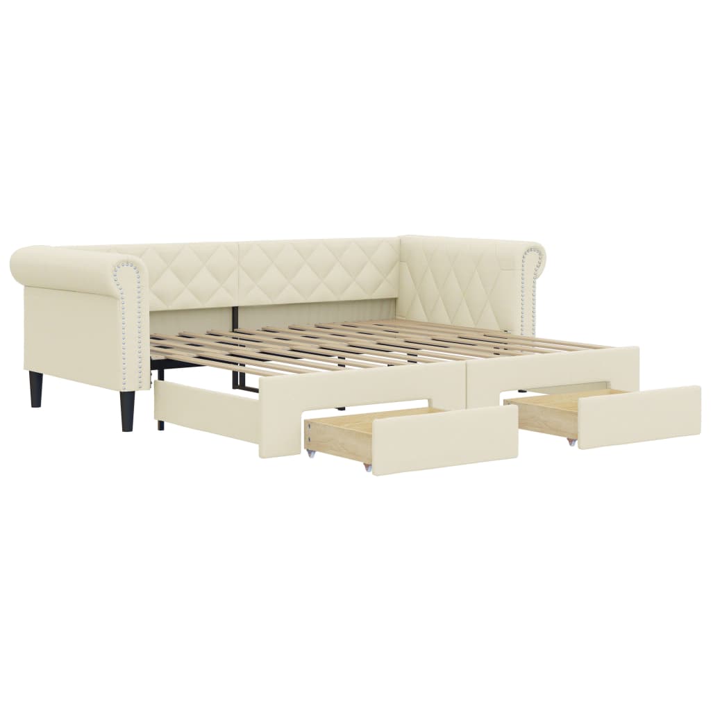 Tagesbett Ausziehbar mit Schubladen Creme 90x200 cm Kunstleder