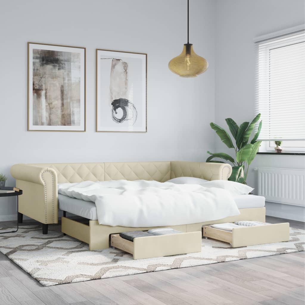 Tagesbett Ausziehbar mit Schubladen Creme 90x200 cm Kunstleder
