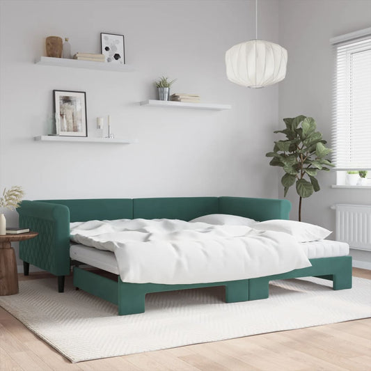 Tagesbett Ausziehbar mit Matratzen Dunkelgrün 100x200 cm Samt
