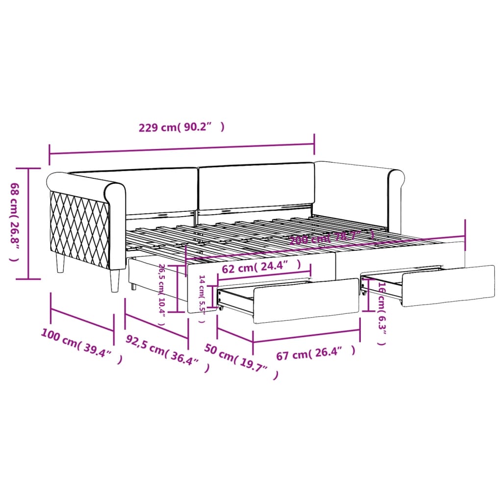 Tagesbett Ausziehbar mit Schubladen Schwarz 90x200 cm Samt