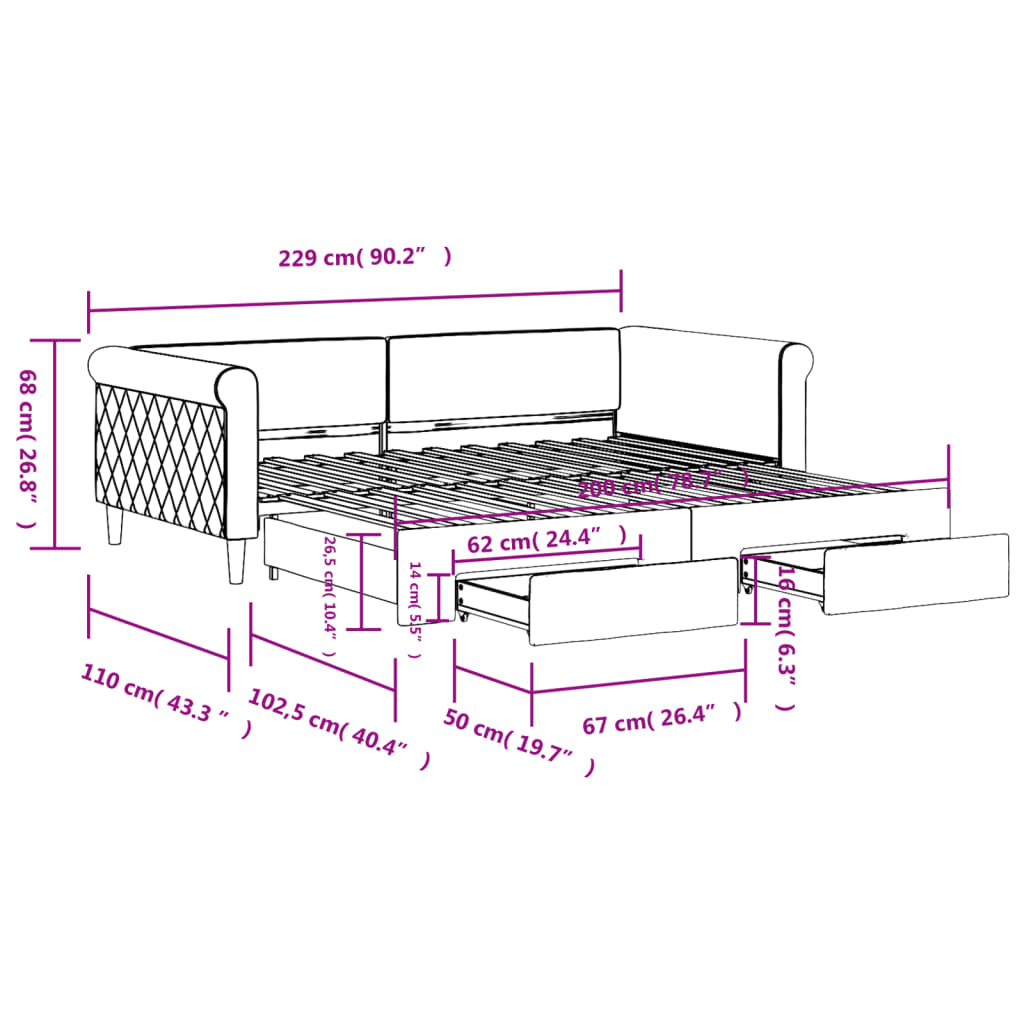 Tagesbett Ausziehbar mit Schubladen Hellgrau 100x200 cm Samt