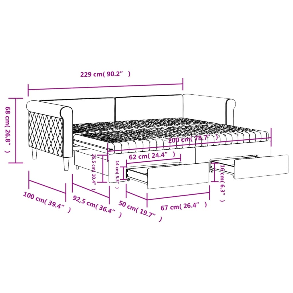 Tagesbett Ausziehbar mit Schubladen Hellgrau 90x200 cm Samt