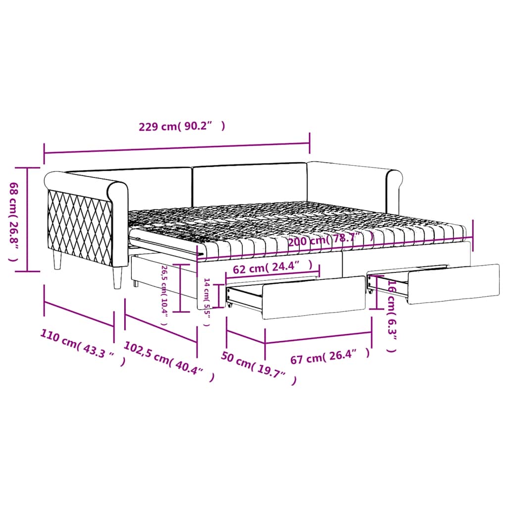 Tagesbett Ausziehbar mit Schubladen Rosa 100x200 cm Samt