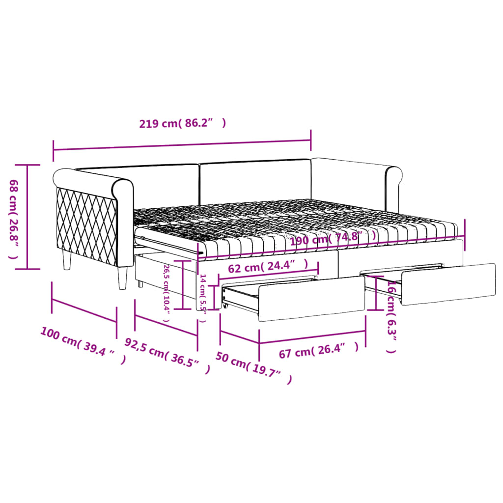 Tagesbett Ausziehbar mit Schubladen Hellgrau 90x190 cm Samt