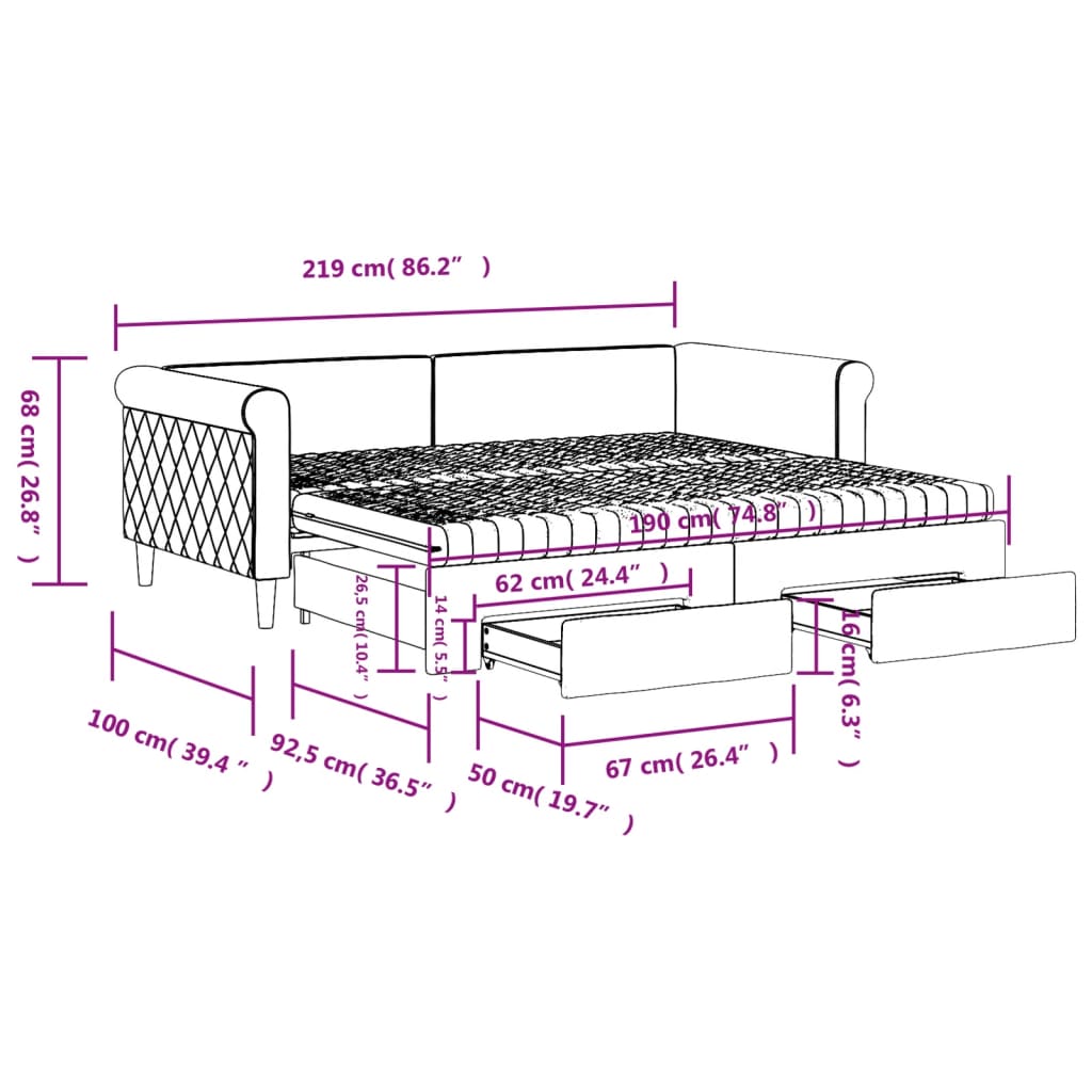 Tagesbett Ausziehbar mit Schubladen Schwarz 90x190 cm Samt