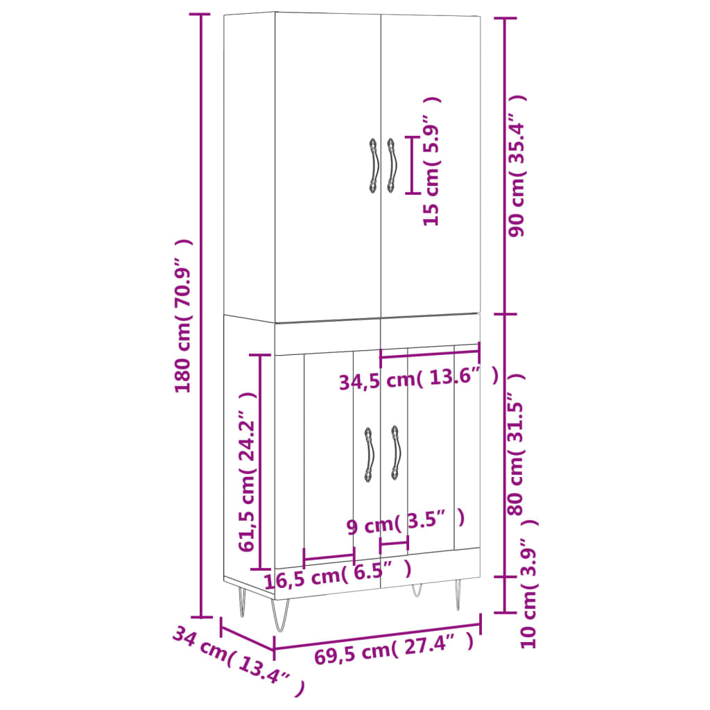 Highboard Betongrau 69,5x34x180 cm Holzwerkstoff