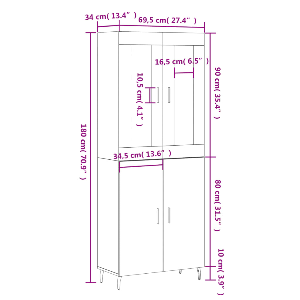 Highboard Sonoma-Eiche 69,5x34x180 cm Holzwerkstoff