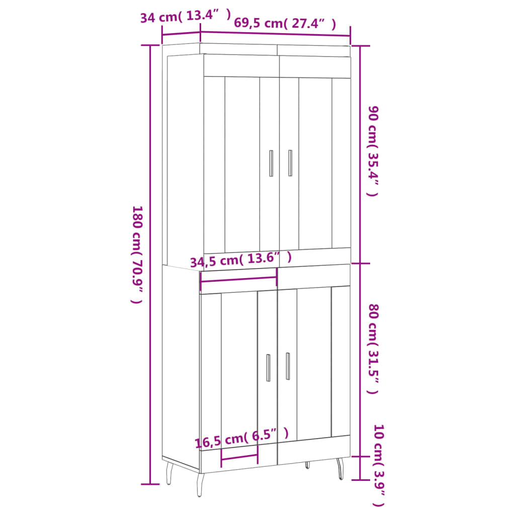 Highboard Sonoma-Eiche 69,5x34x180 cm Holzwerkstoff