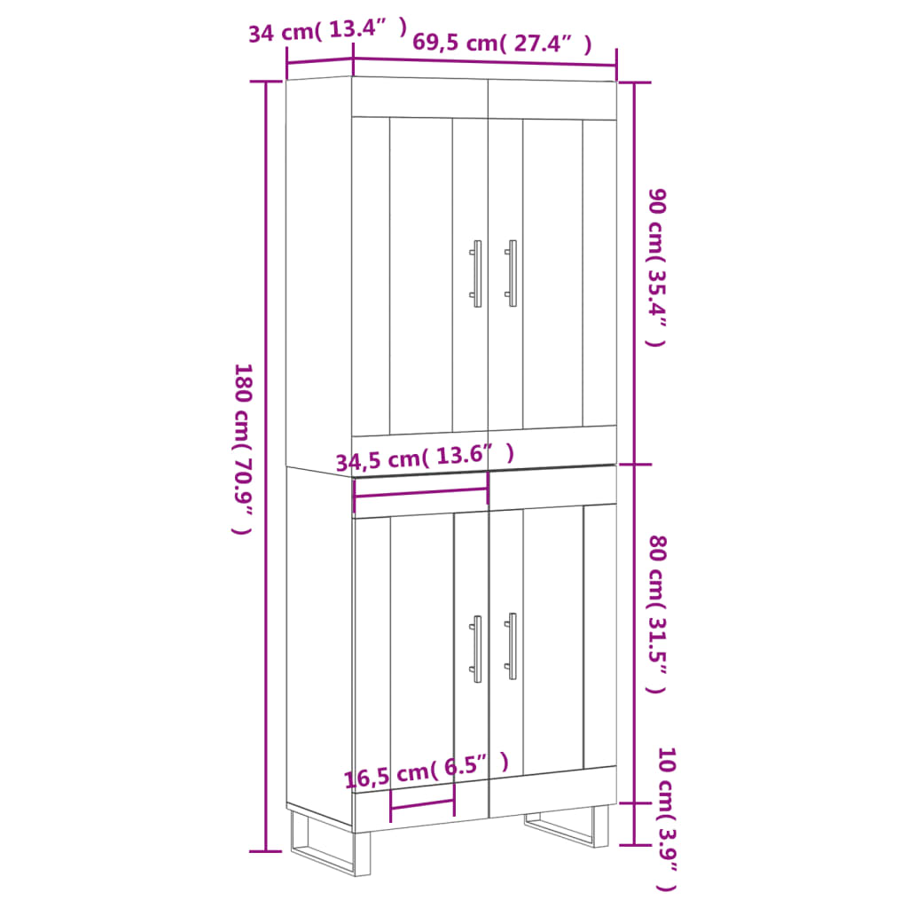Highboard Sonoma-Eiche 69,5x34x180 cm Holzwerkstoff