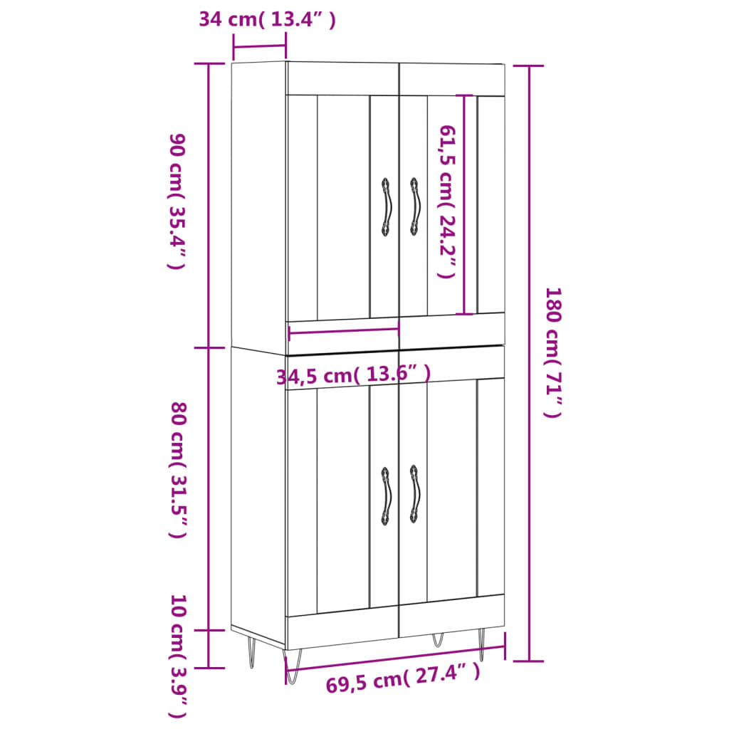 Highboard Weiß 69,5x34x180 cm Holzwerkstoff