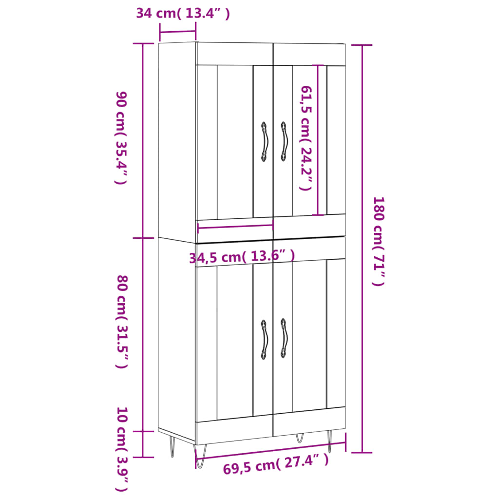 Highboard Betongrau 69,5x34x180 cm Holzwerkstoff