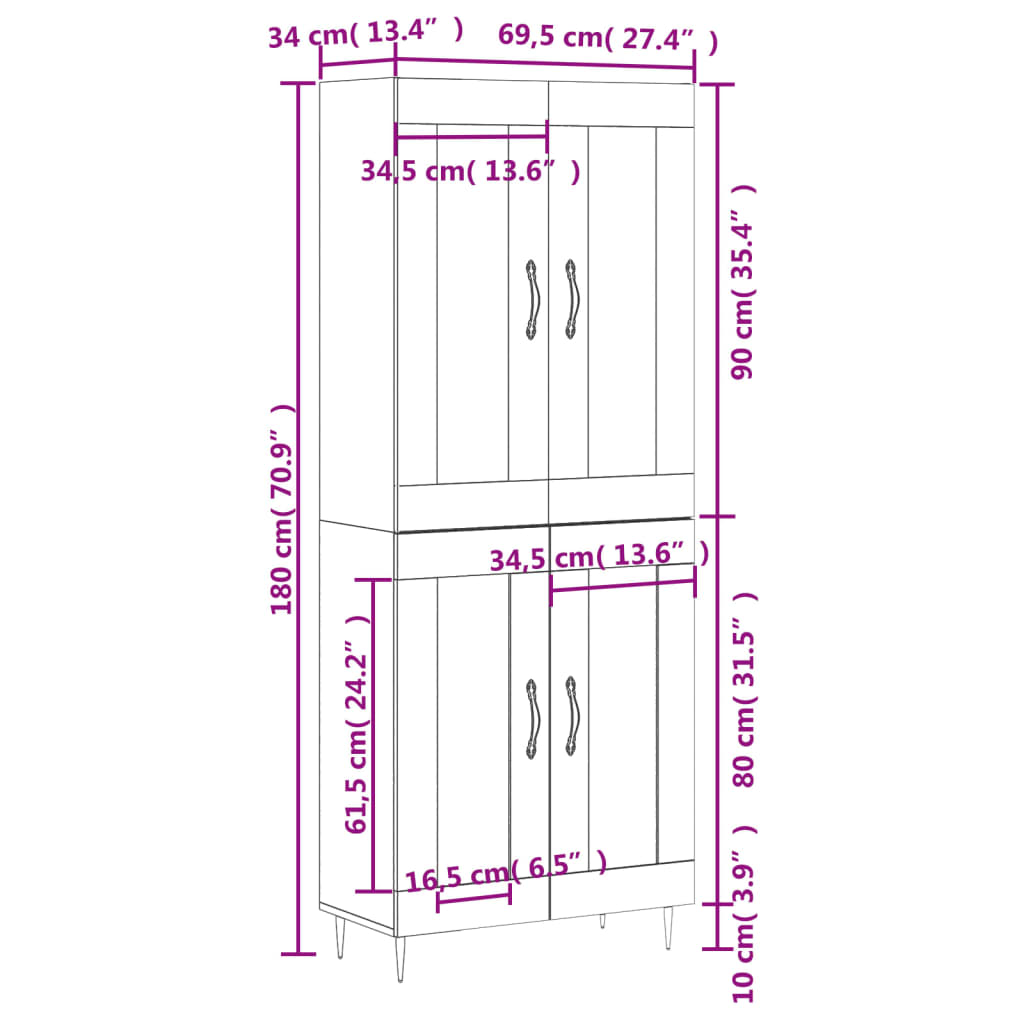 Highboard Sonoma-Eiche 69,5x34x180 cm Holzwerkstoff