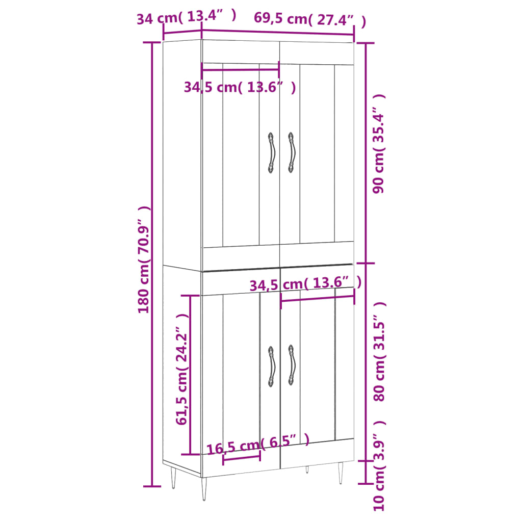 Highboard Betongrau 69,5x34x180 cm Holzwerkstoff