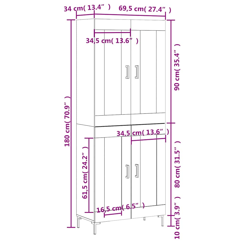 Highboard Sonoma-Eiche 69,5x34x180 cm Holzwerkstoff