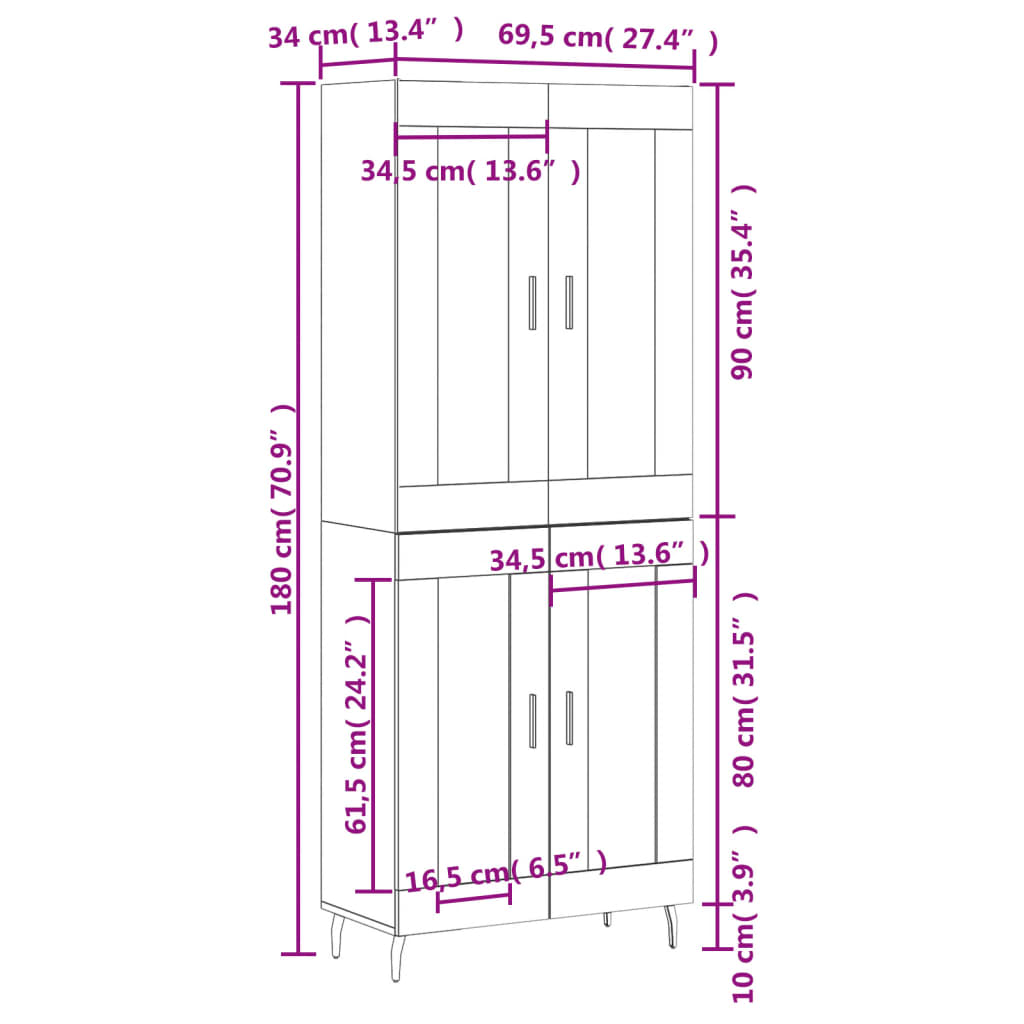Highboard Grau Sonoma 69,5x34x180 cm Holzwerkstoff