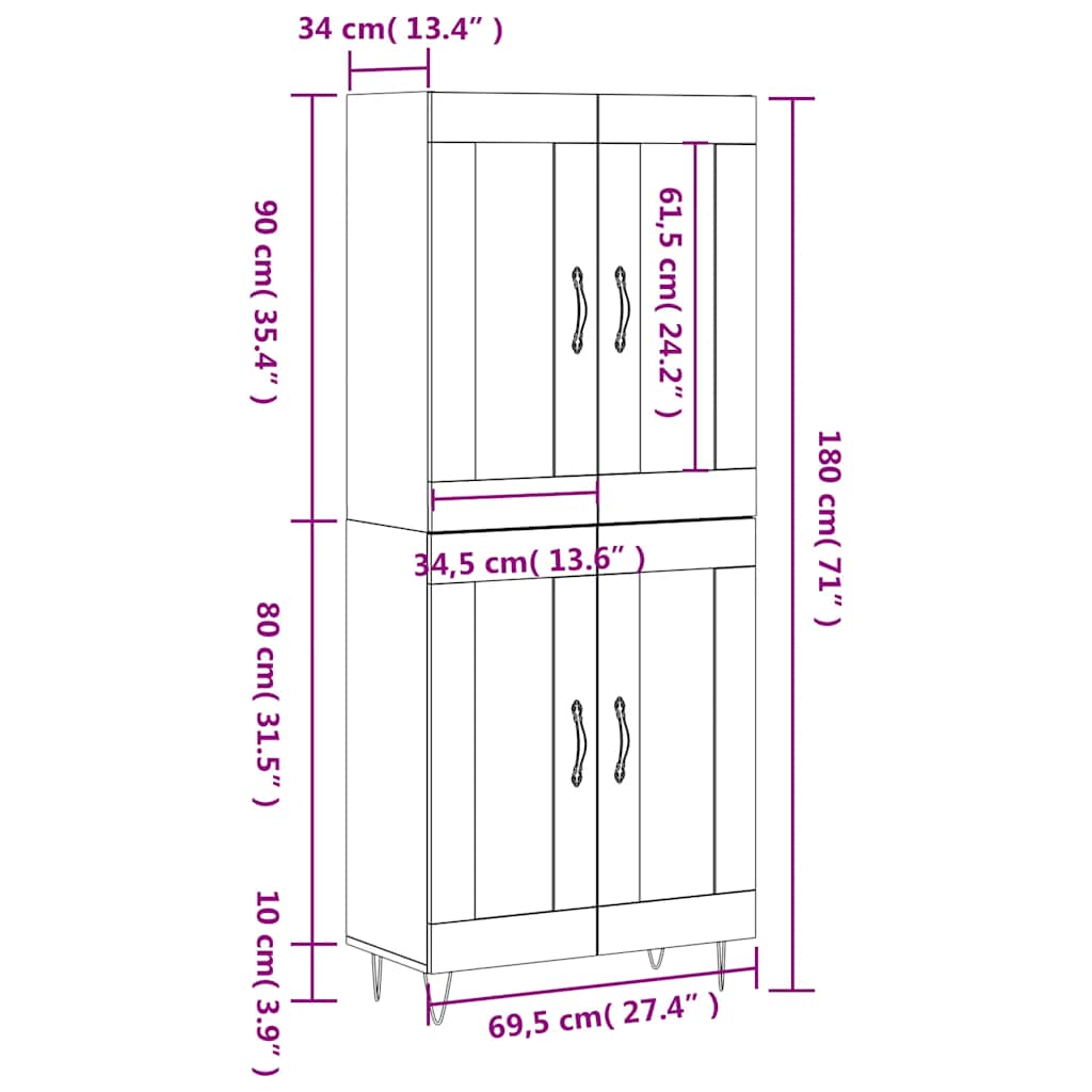 Highboard Sonoma-Eiche 69,5x34x180 cm Holzwerkstoff