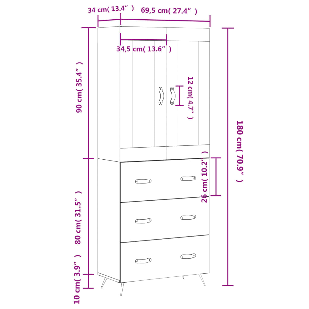 Highboard Sonoma-Eiche 69,5x34x180 cm Holzwerkstoff