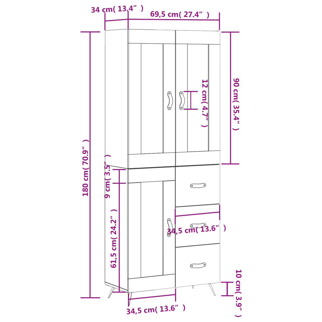 Highboard Weiß 69,5x34x180 cm Holzwerkstoff