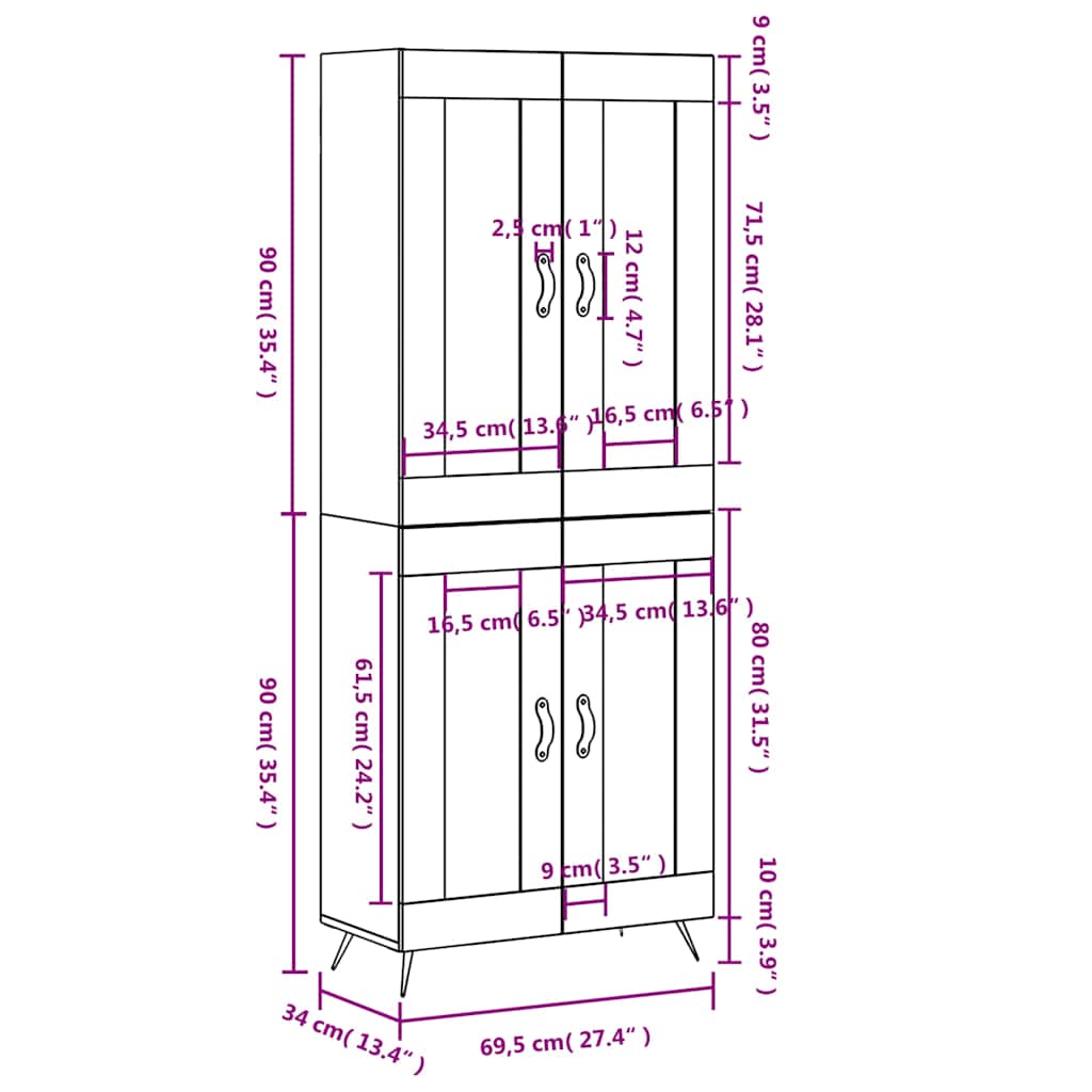 Highboard Betongrau 69,5x34x180 cm Holzwerkstoff