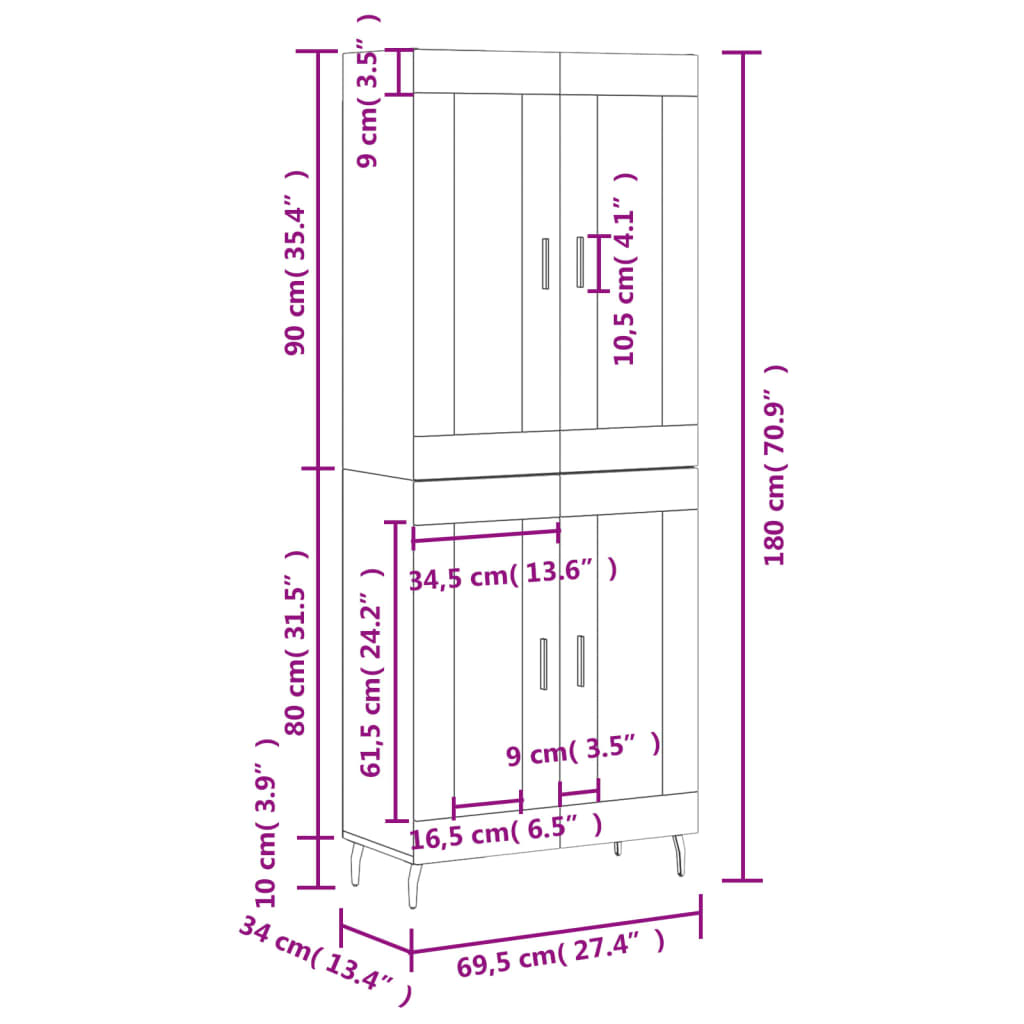 Highboard Sonoma-Eiche 69,5x34x180 cm Holzwerkstoff