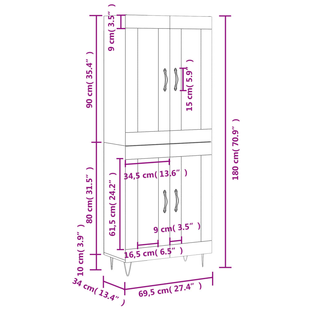 Highboard Sonoma-Eiche 69,5x34x180 cm Holzwerkstoff