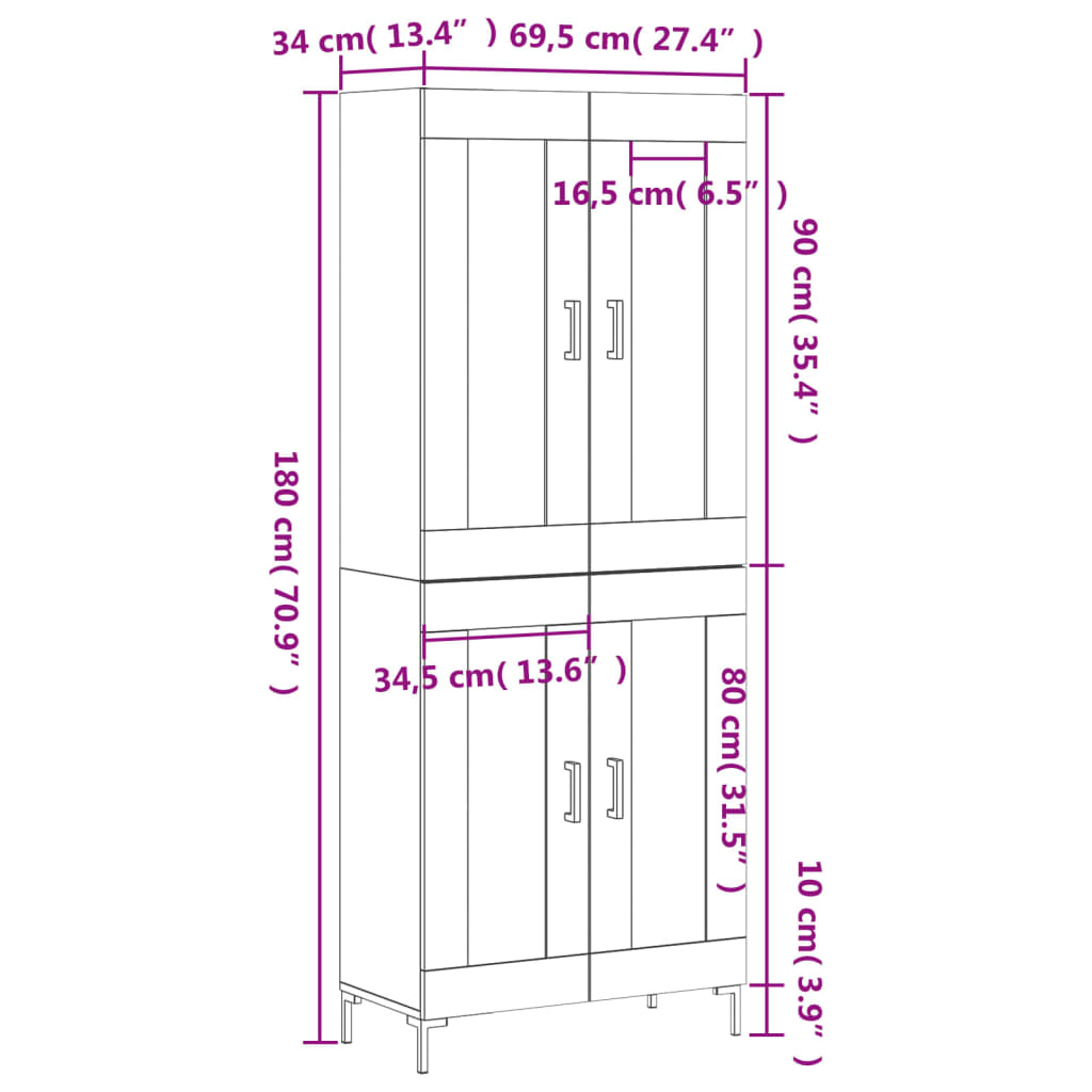 Highboard Weiß 69,5x34x180 cm Holzwerkstoff