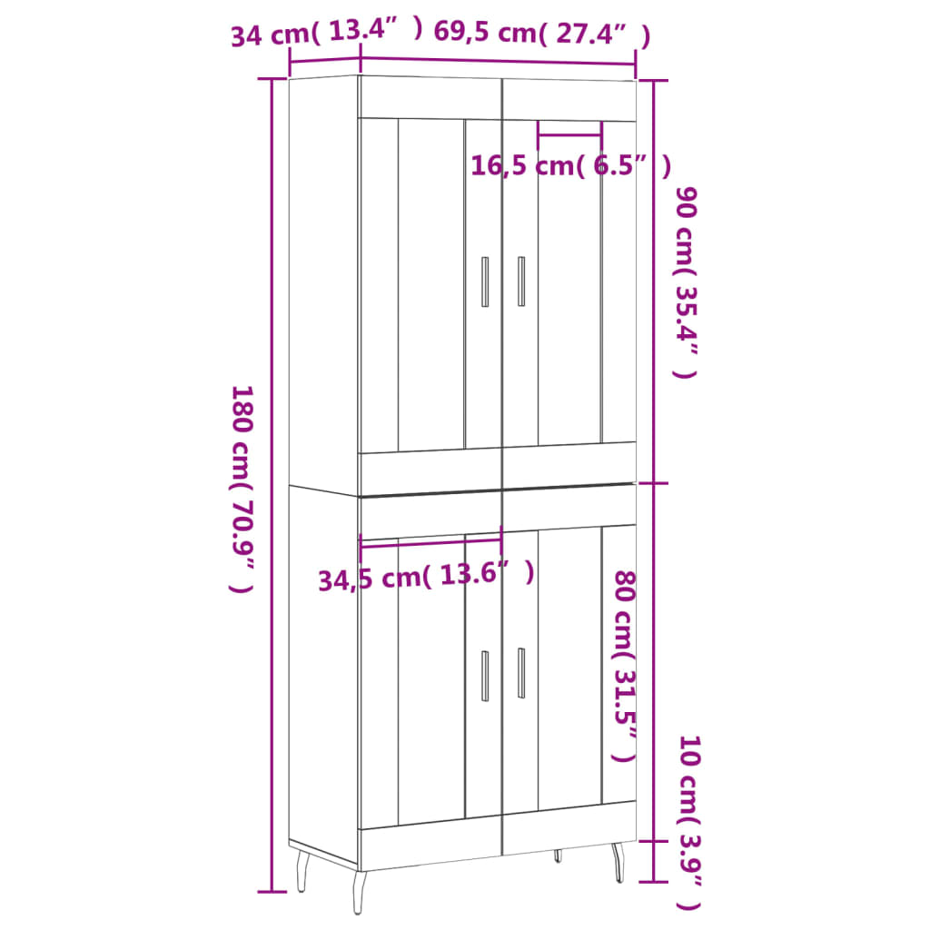 Highboard Sonoma-Eiche 69,5x34x180 cm Holzwerkstoff
