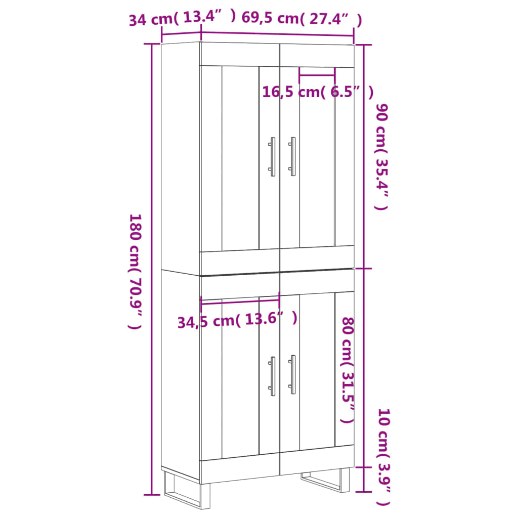 Highboard Weiß 69,5x34x180 cm Holzwerkstoff
