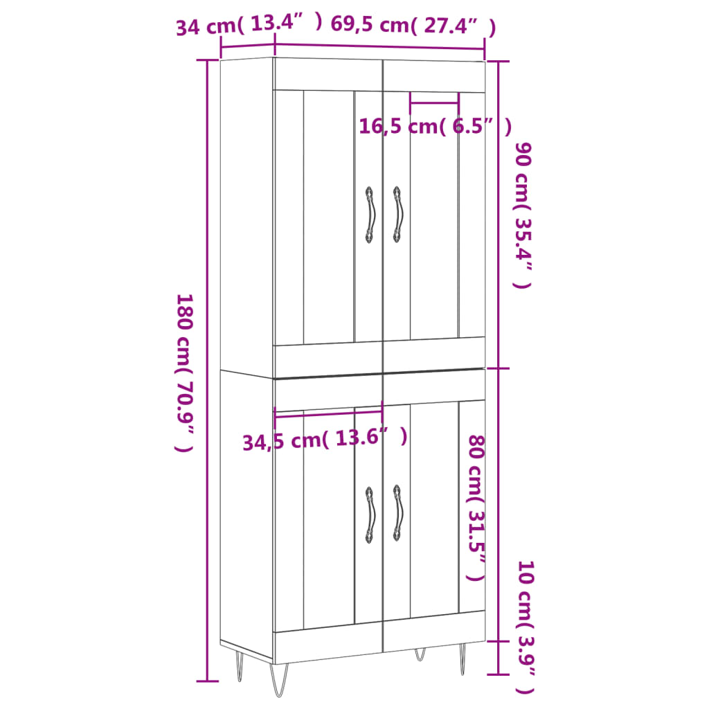 Highboard Sonoma-Eiche 69,5x34x180 cm Holzwerkstoff