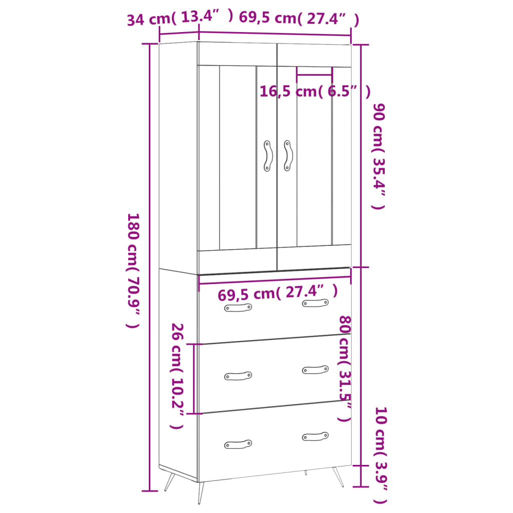 Highboard Weiß 69,5x34x180 cm Holzwerkstoff