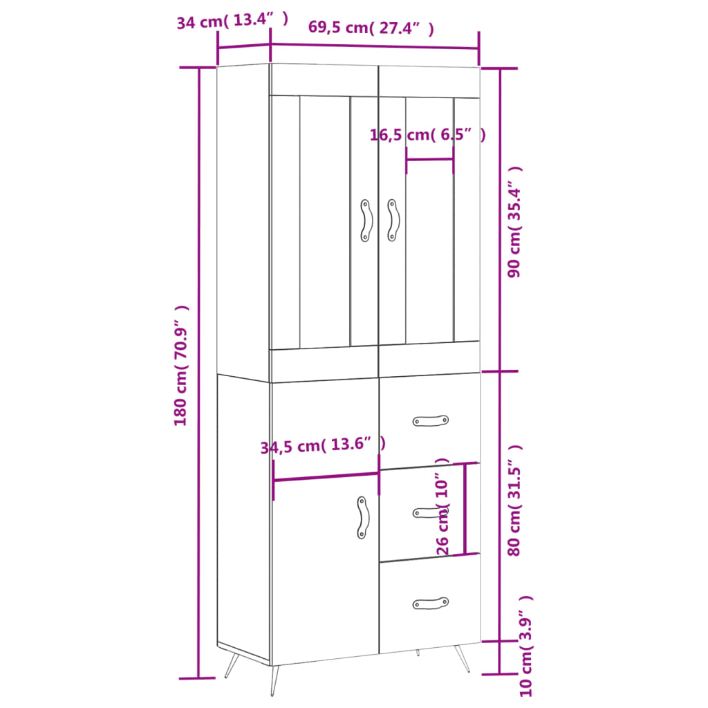 Highboard Weiß 69,5x34x180 cm Holzwerkstoff