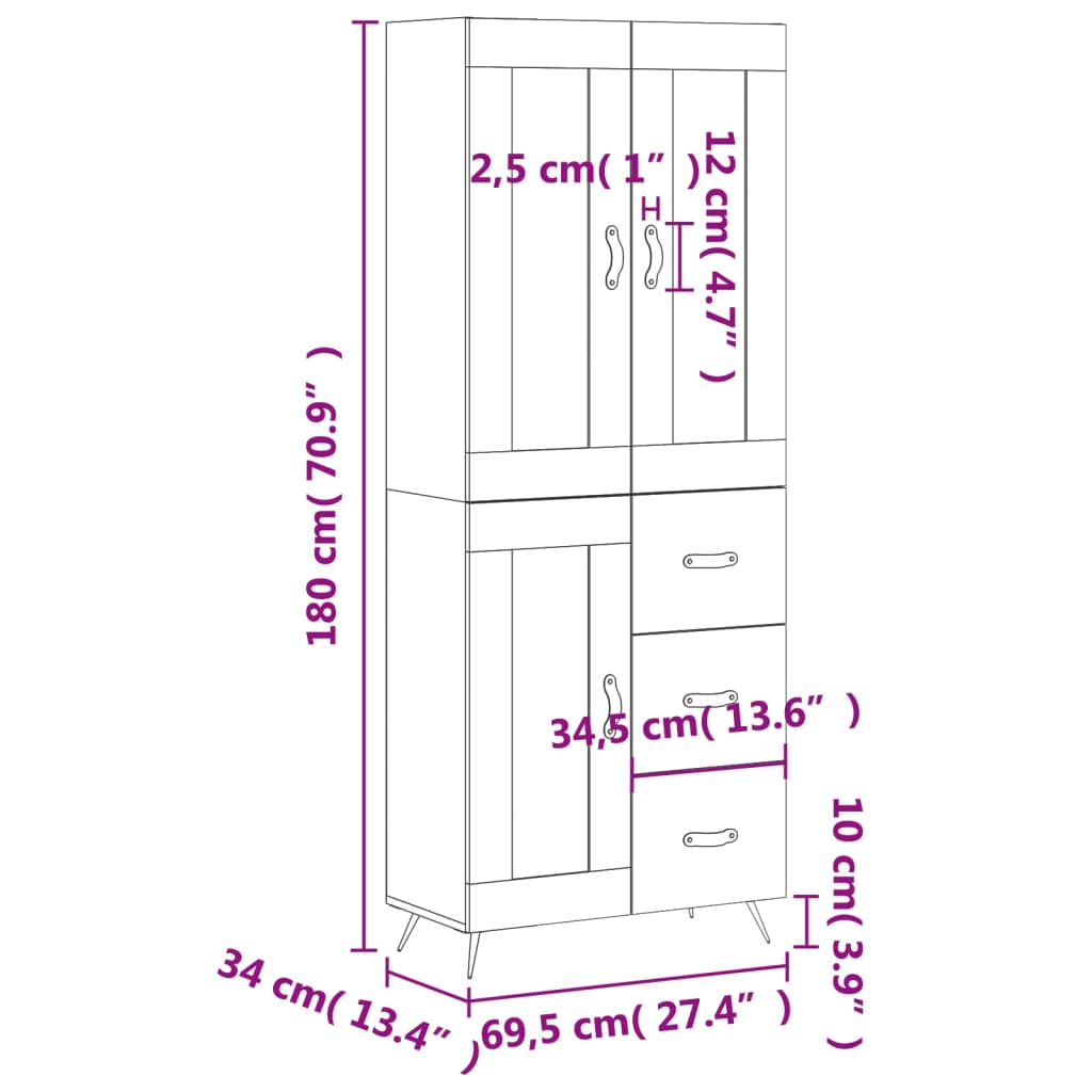 Highboard Weiß 69,5x34x180 cm Holzwerkstoff