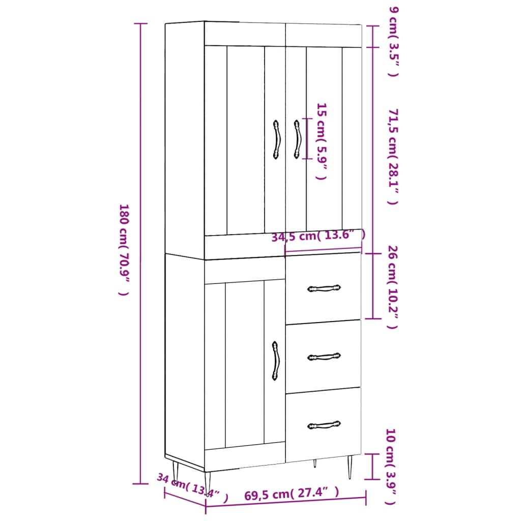Highboard Weiß 69,5x34x180 cm Holzwerkstoff