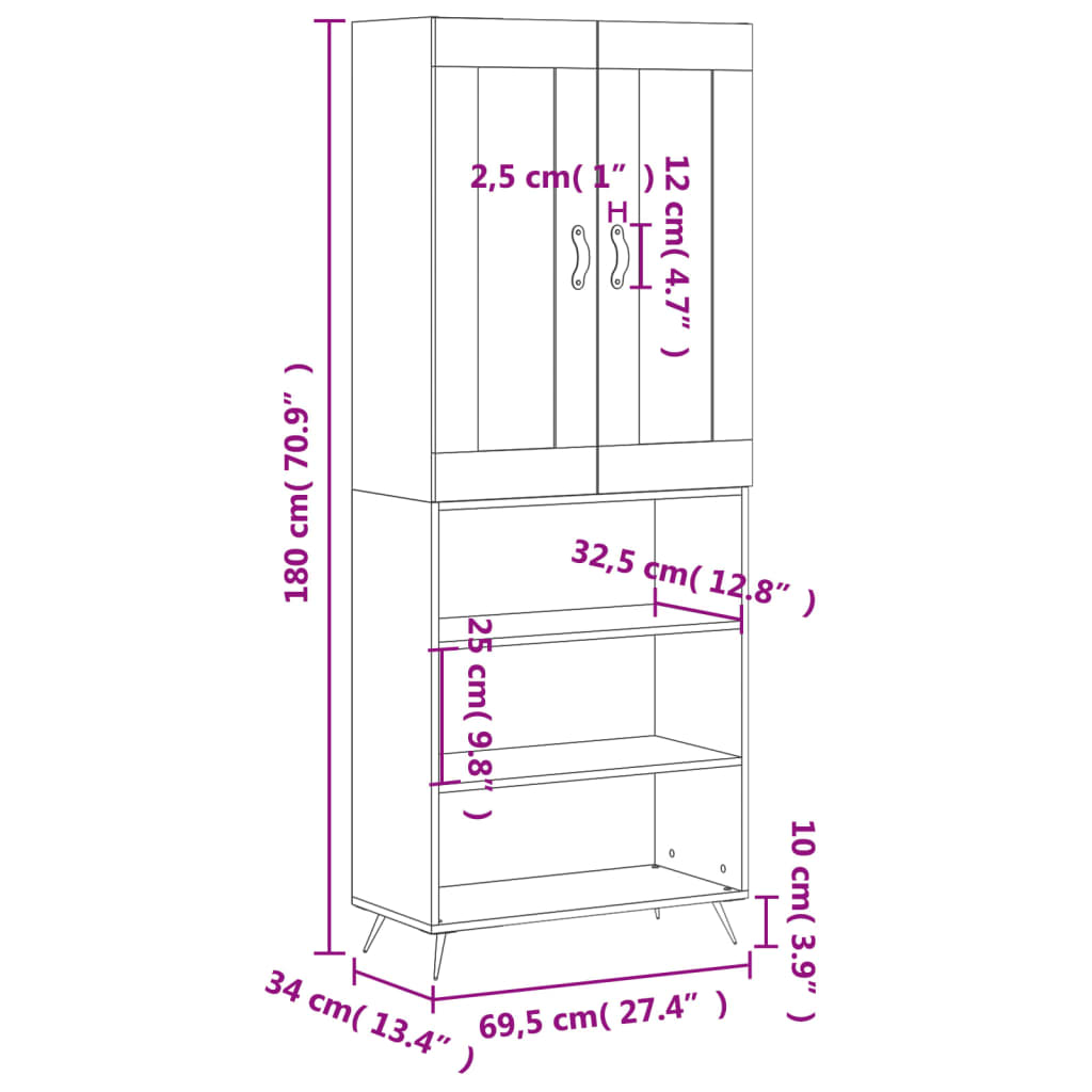 Highboard Weiß 69,5x34x180 cm Holzwerkstoff