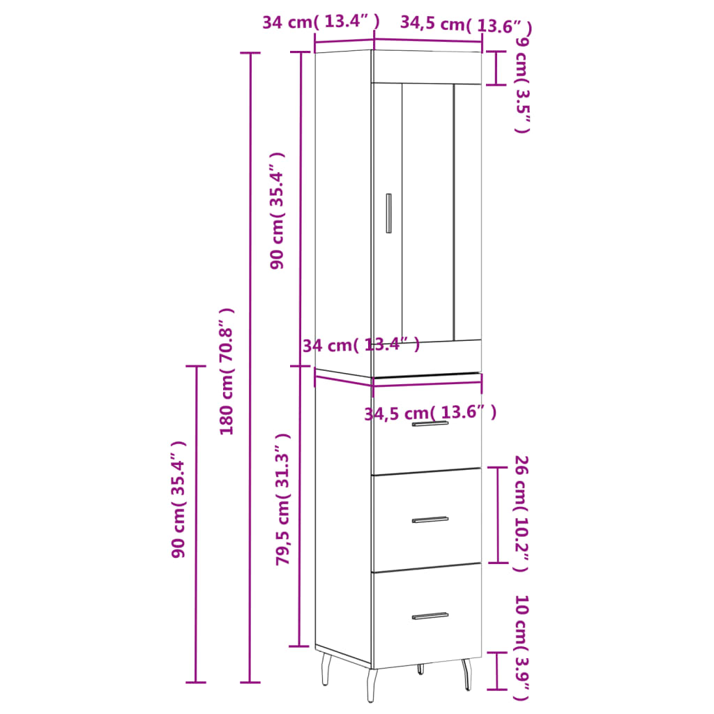 Highboard Sonoma-Eiche 34,5x34x180 cm Holzwerkstoff